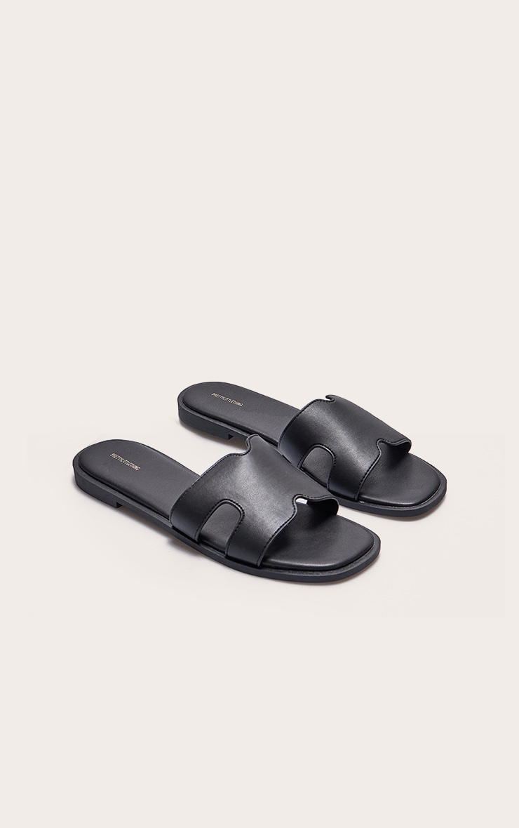 Black PU Square Toe Slider Sandals image 2