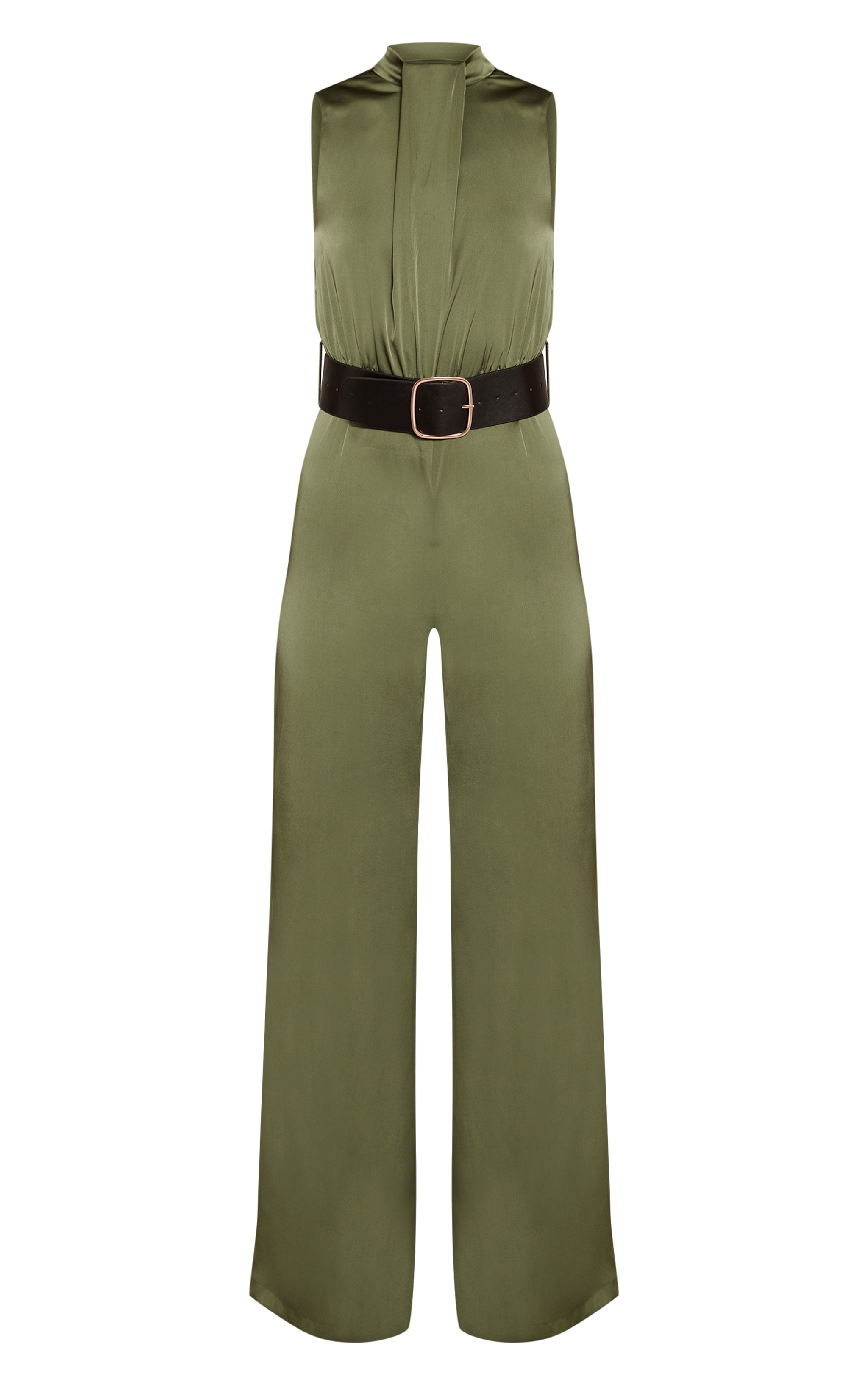 Khaki Satin High Neck Belt Detail Wide Leg Jumpsuit image 5