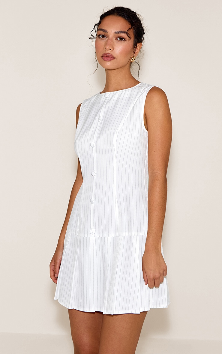 White Pinstripe Button Down Pleated Hem Shift Dress image 1