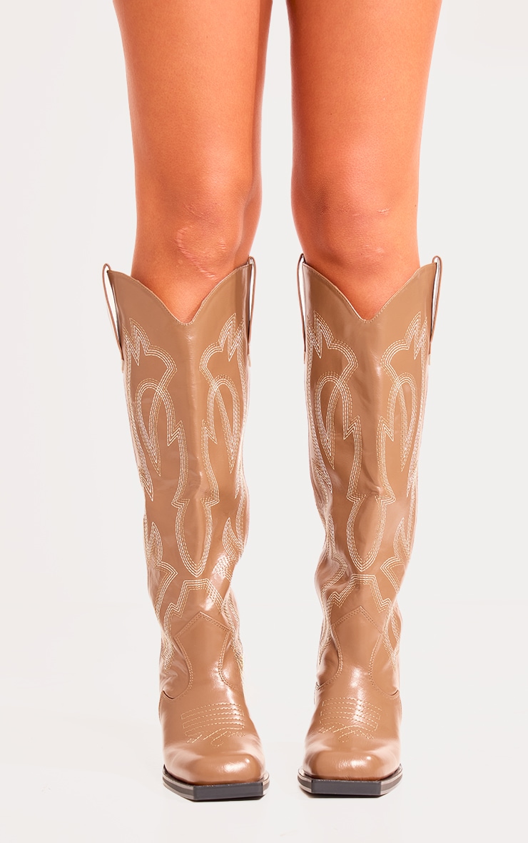 Tan PU Square Toe Stitch Detail Knee High Block Heel Western Boots image 2