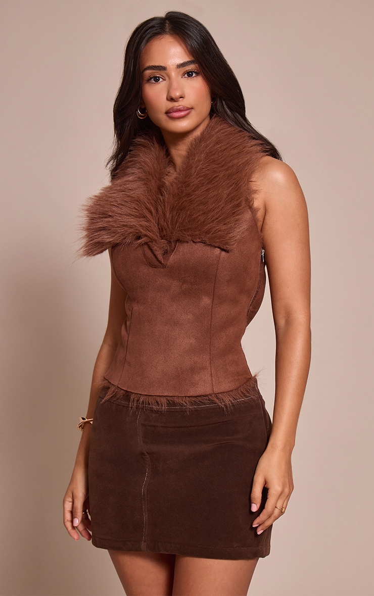 Petite Chocolate Sleeveless Suede Zip Up Top image 1