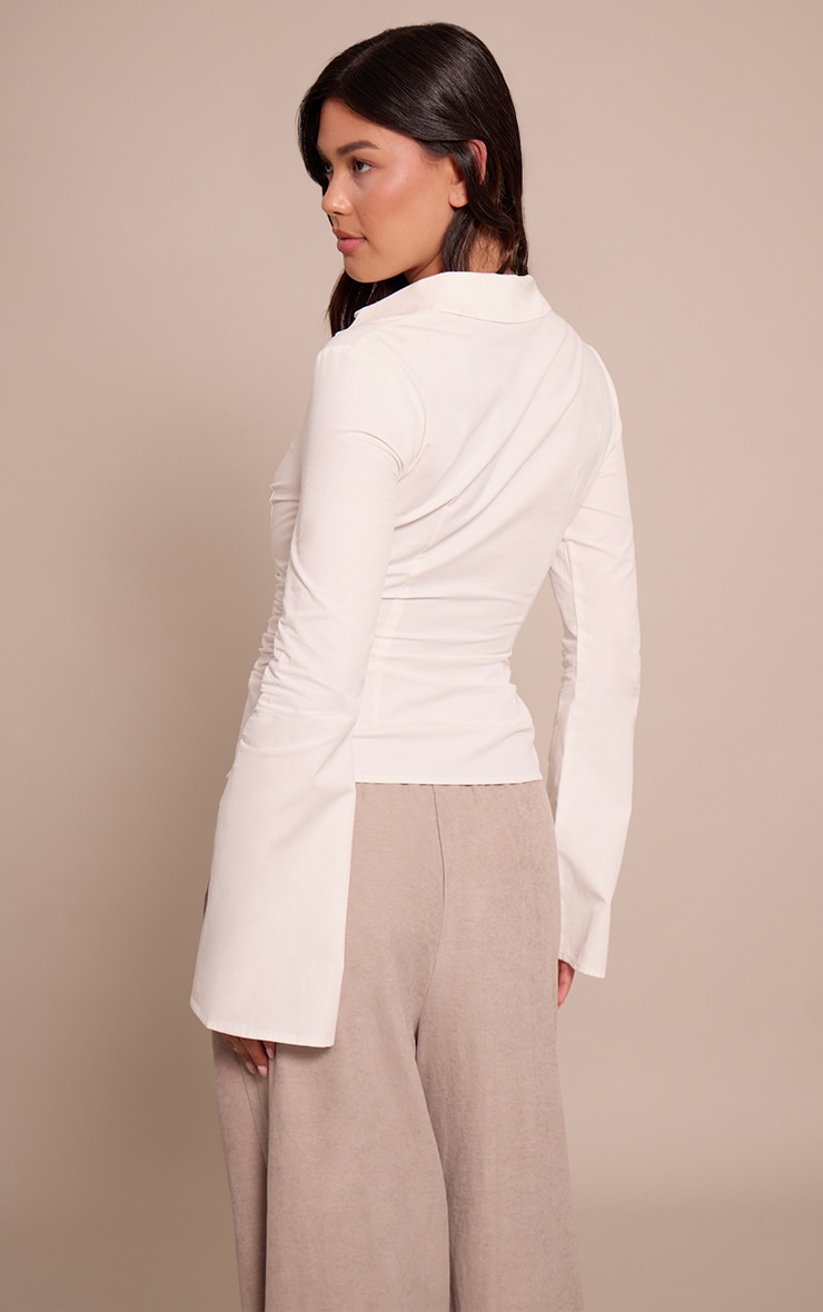 White Ruched Waist Detail Flared Sleeve Shirt image 2