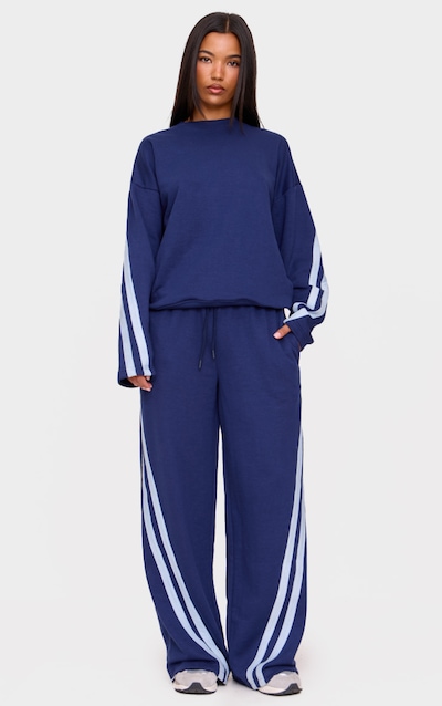 Navy Contrast Striped Wide Leg Track Pants