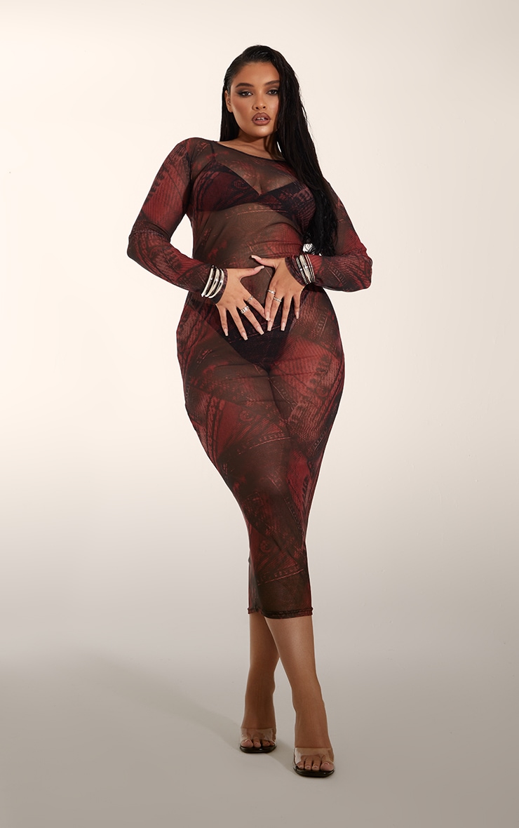 Plus Burgundy Denim Print Mesh Midaxi Dress image 3