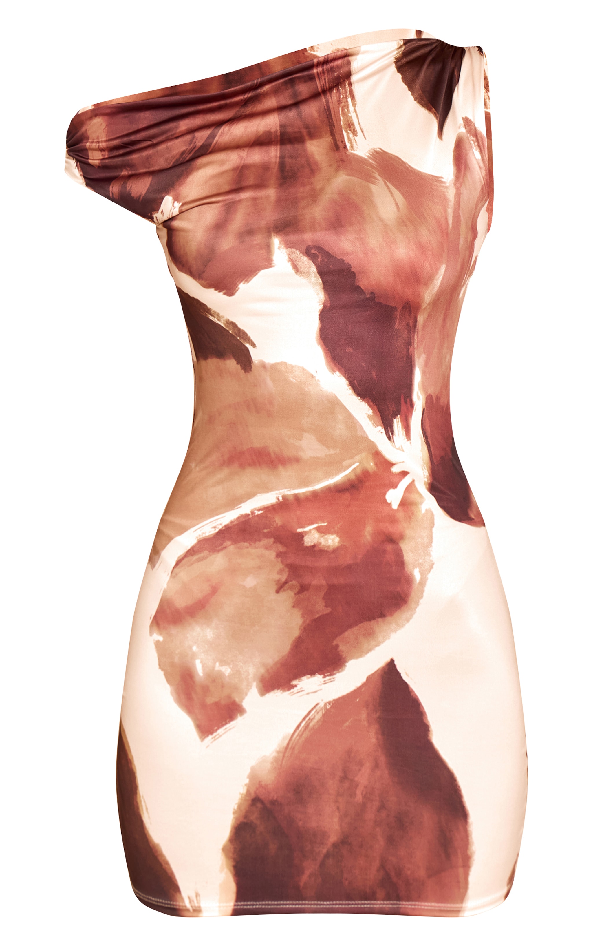 Brown Abstract Printed Slinky One Shoulder Mini Dress image 5