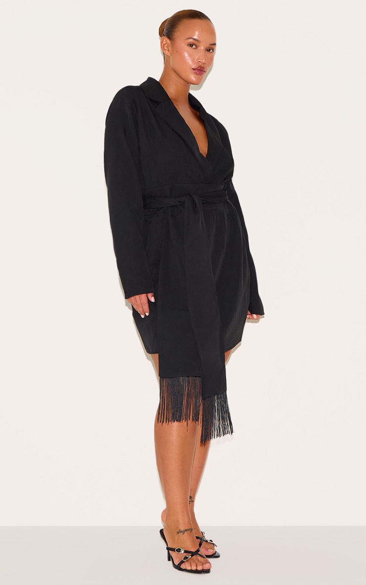 Plus Black Wrap Front Tassel Belted Dress image 3