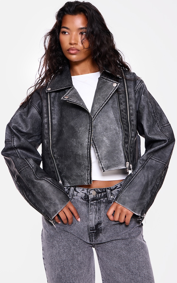 Black Zip Detail Faux Leather Biker Jacket