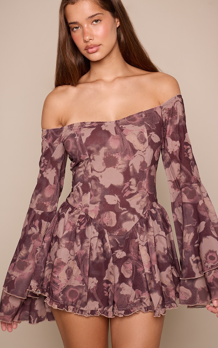 Brown Abstract Bardot Flare Sleeve Playsuit