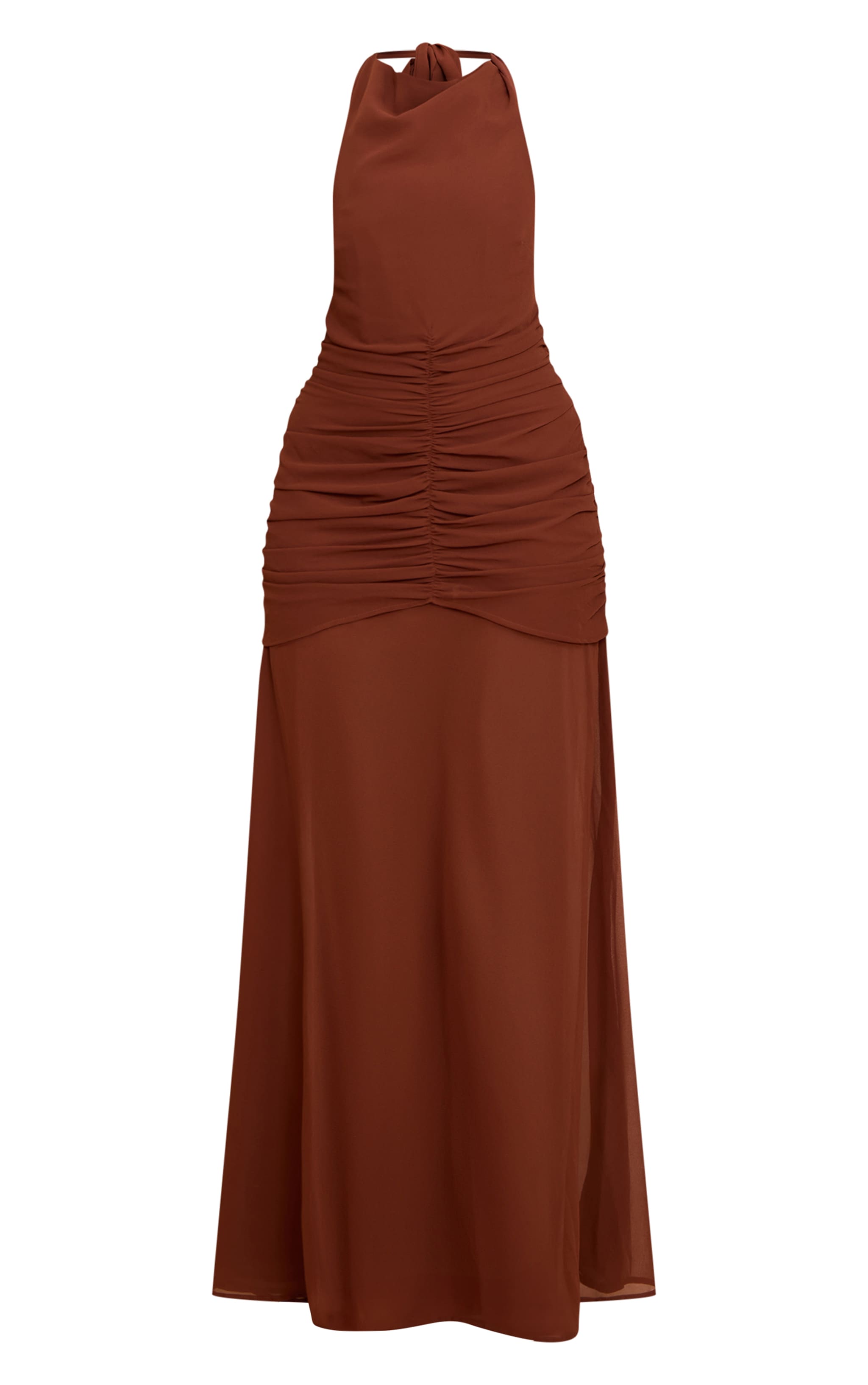 Chocolate Chiffon Halterneck Extreme Ruched Maxi Dress image 5