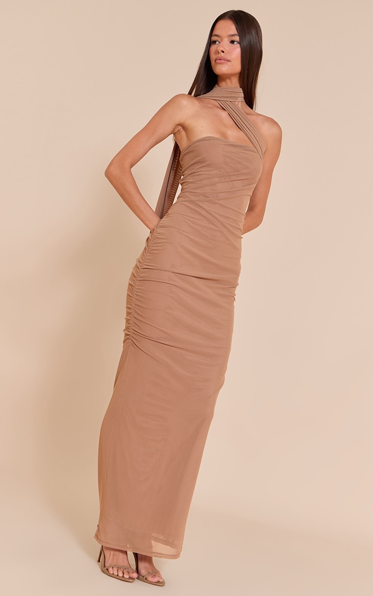 Taupe Mesh Over Lay Scarf Detail Maxi Dress image 3