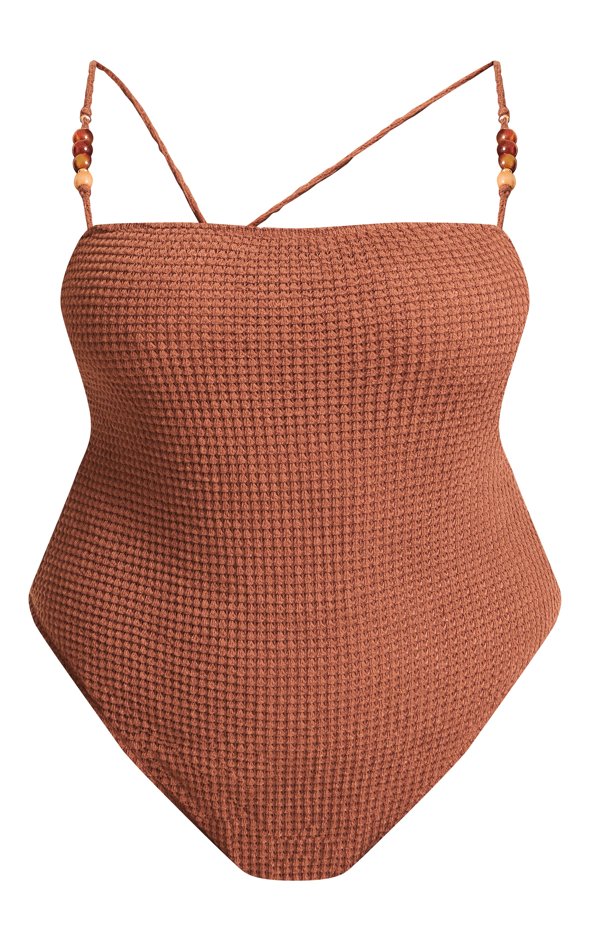 Plus Maillot de bain en maille style crochet café au lait à bretelles asymétriques et empiècements perles image 6