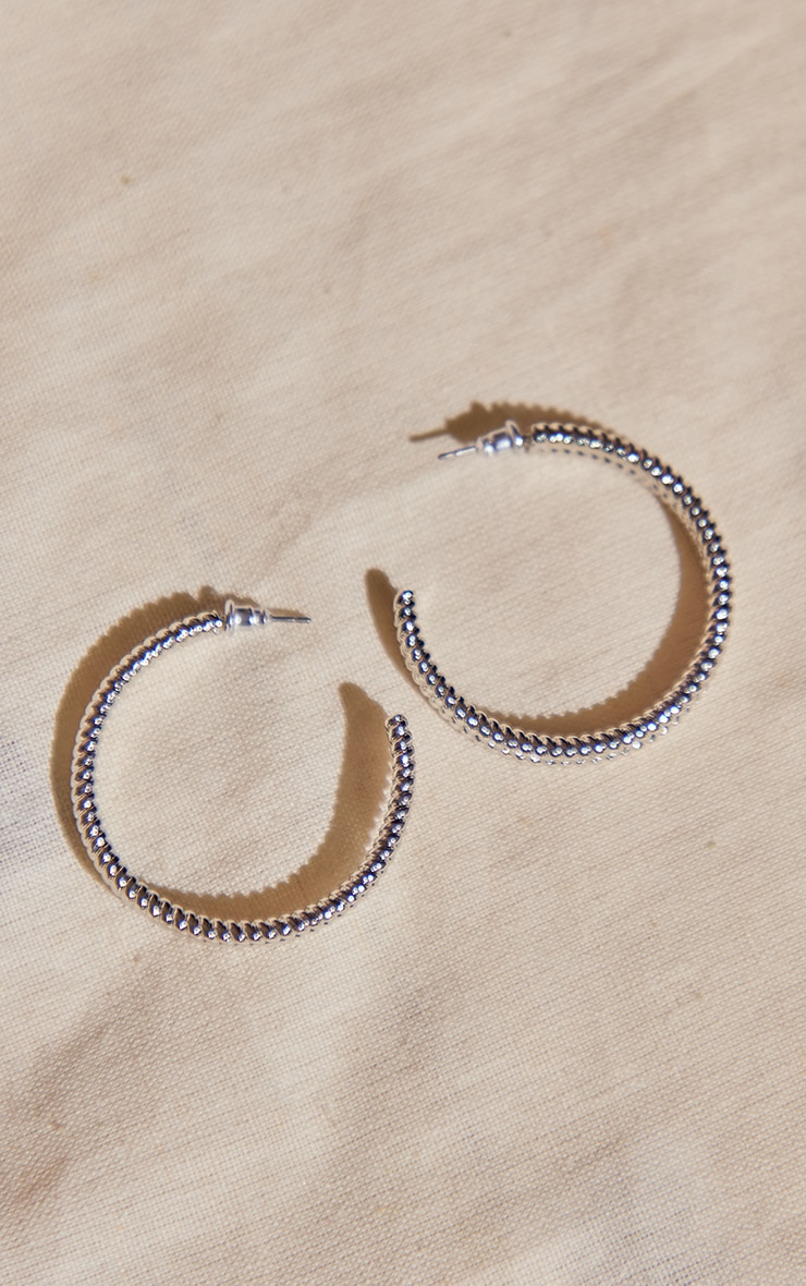 Silver Textured Twist Medium Hoop Earrings image 2