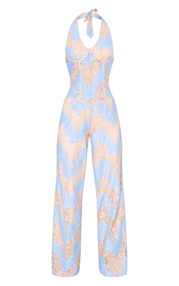 Blue Lace Underwired Corset Halter Jumpsuit