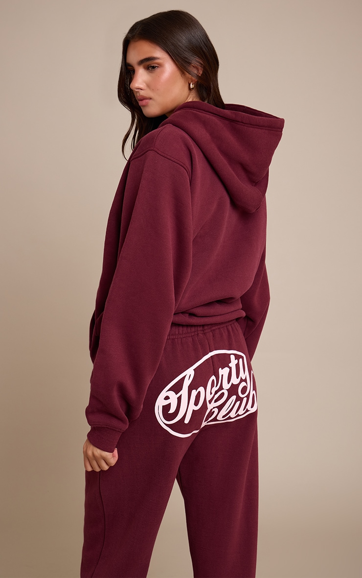 Hoodie oversize en coton polaire rouge vin imprimé "Sports Club" à zip image 2