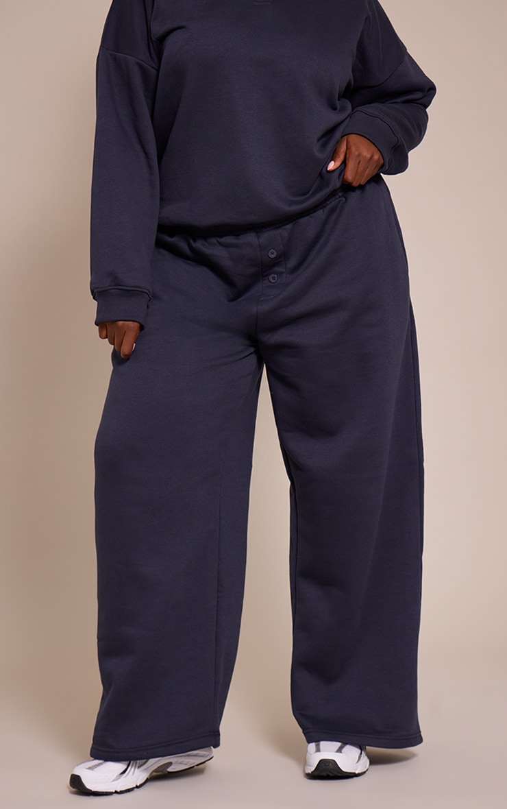 Plus Navy Button Up Wide Leg Track Pants image 2