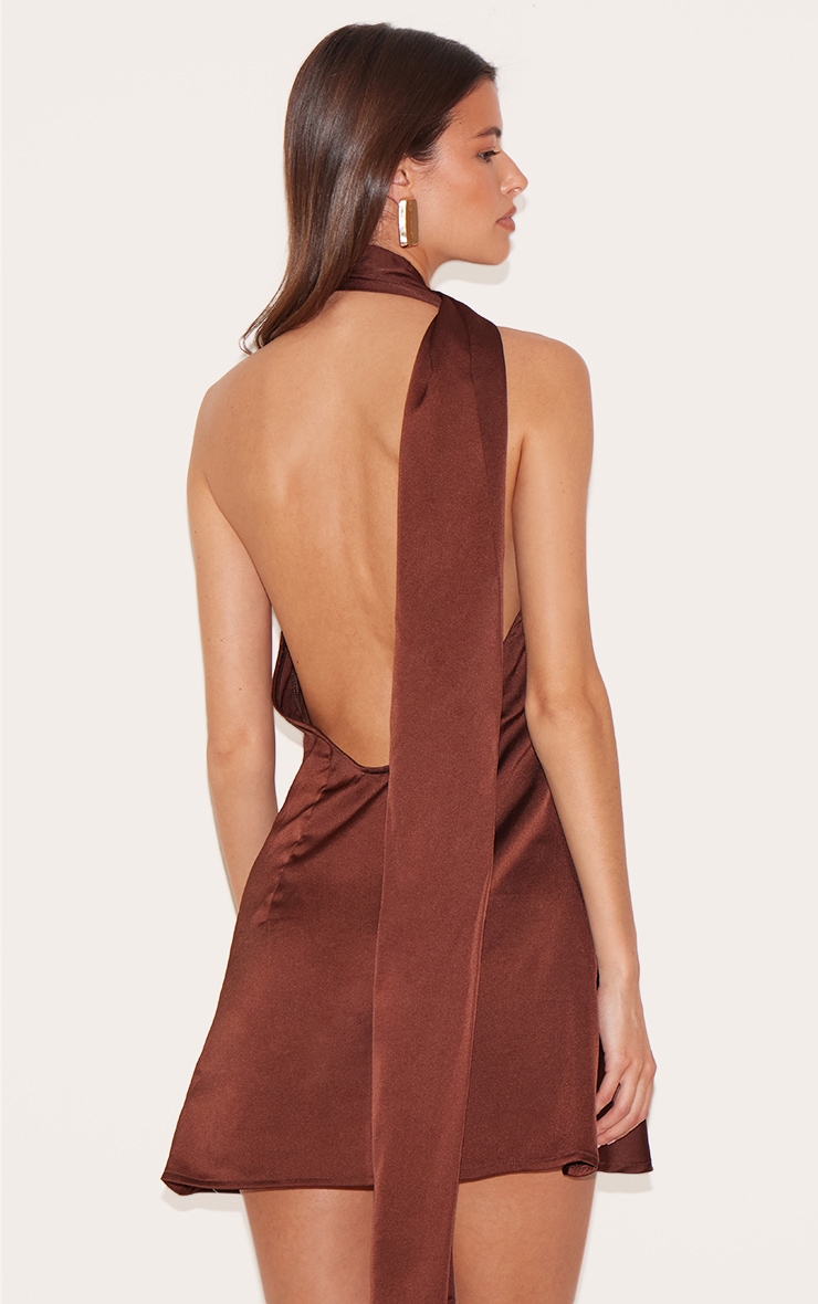 Chocolate Satin Scarf Detail Bodycon Dress image 4