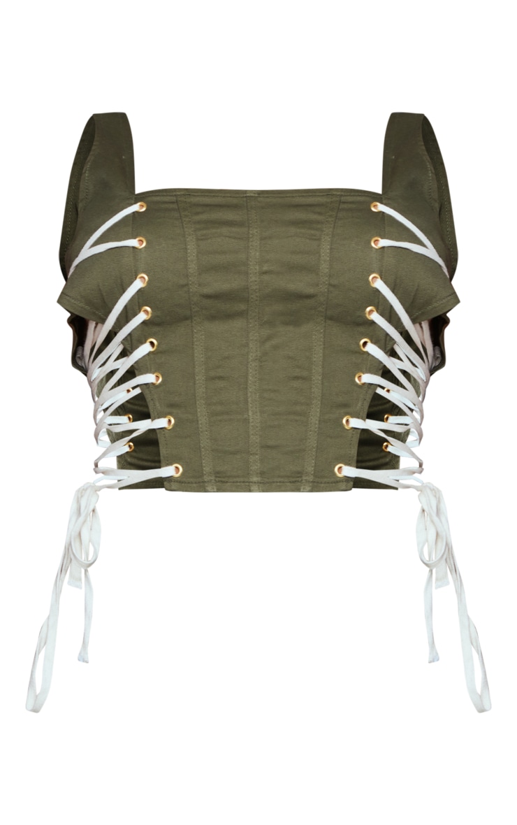 Shape Khaki Denim Lace Up Side Dipped Hem Corset Top image 1