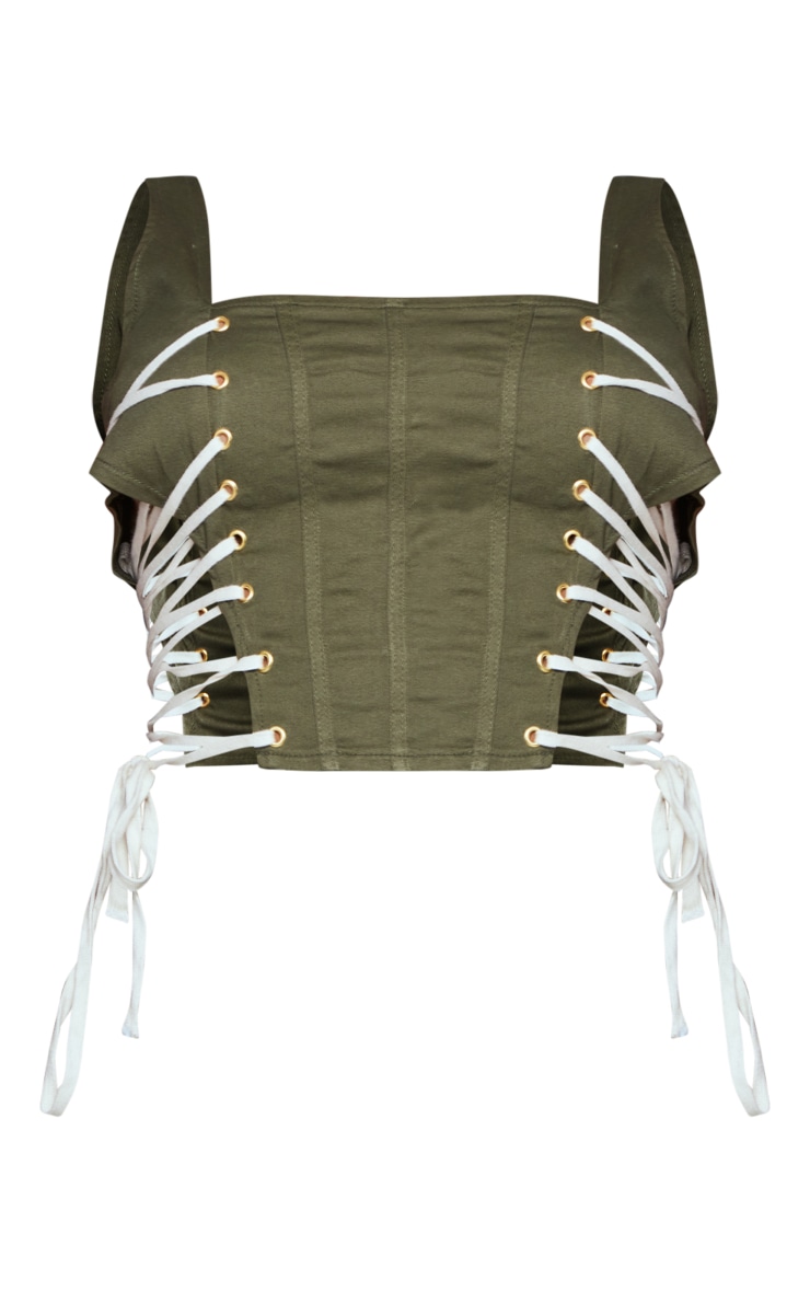 Shape Khaki Denim Lace Up Side Dipped Hem Corset Top image 5