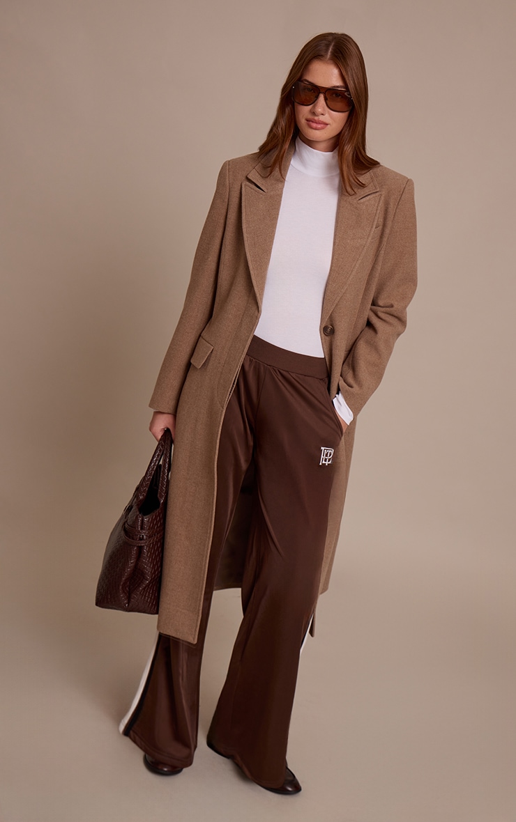 Taupe Single Breasted Seam Detail Wool Look Maxi Coat