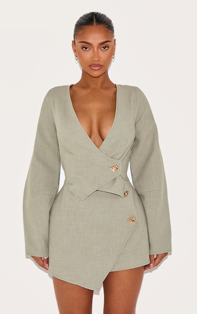 Shape Sage Woven Asymmetrical Hammered Button Blazer