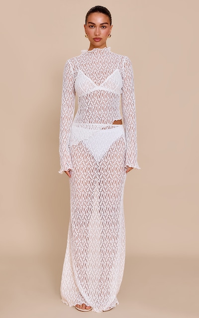 White Sheer Lace Fishtail Maxi Skirt