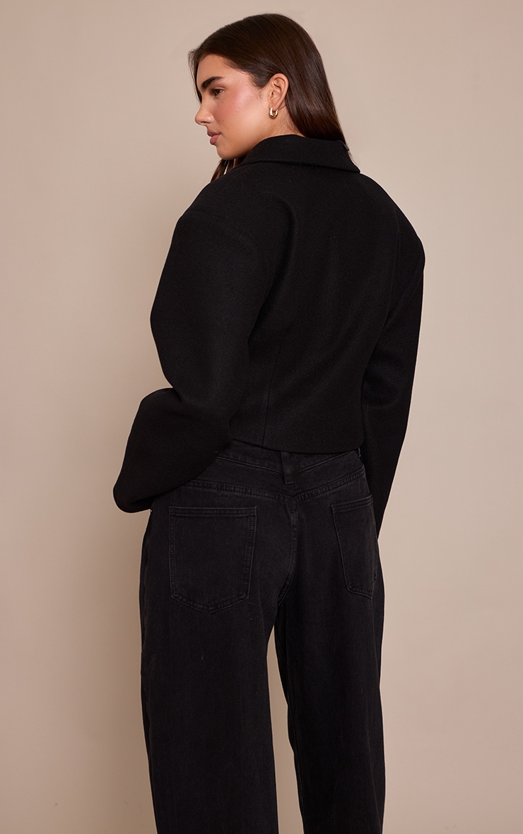 Black Cropped Wool Look Cinch Blazer image 2