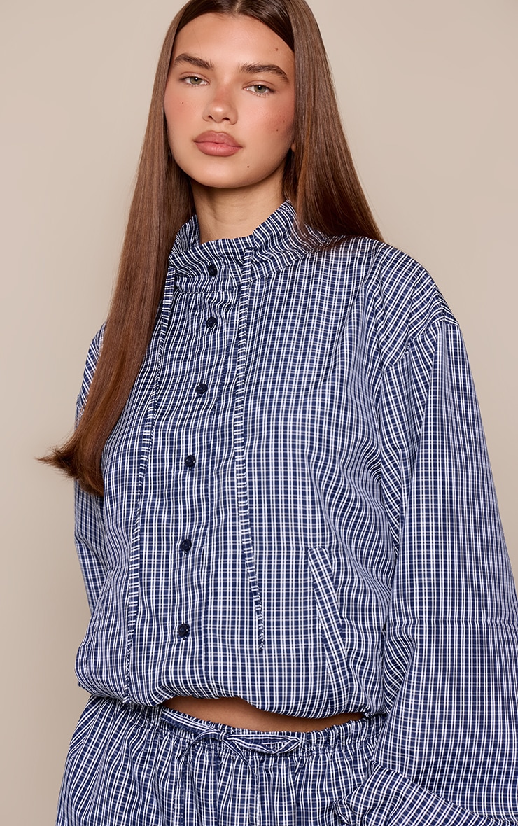 Navy Checked Print Funnel Neck Elasticated Waist Shirt