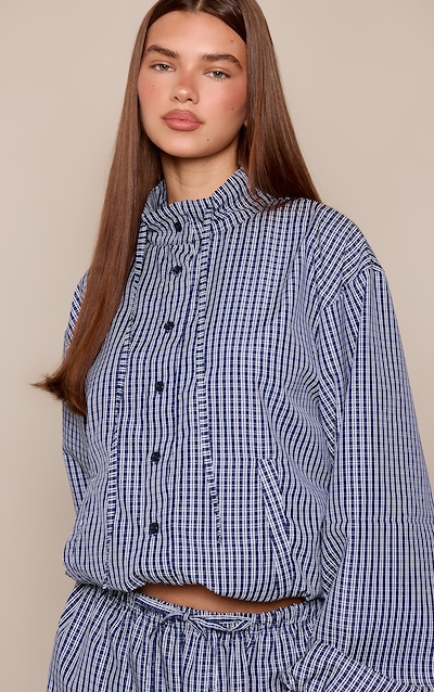 Navy Checked Print Funnel Neck Elasticated Waist Shirt