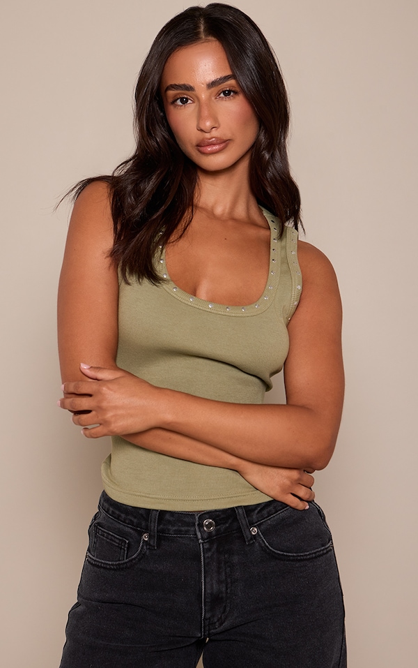 Petite Olive Stud Detail Vest Top