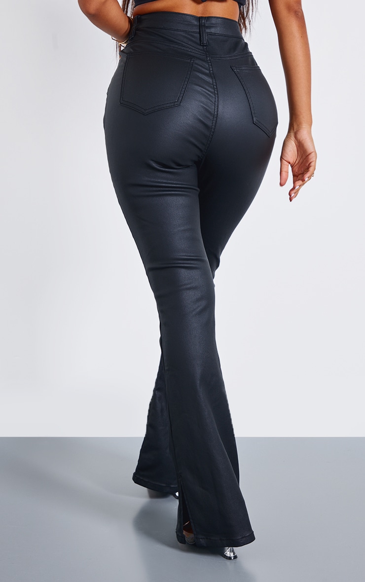 Petite Black Coated Denim Split Hem Flares image 3