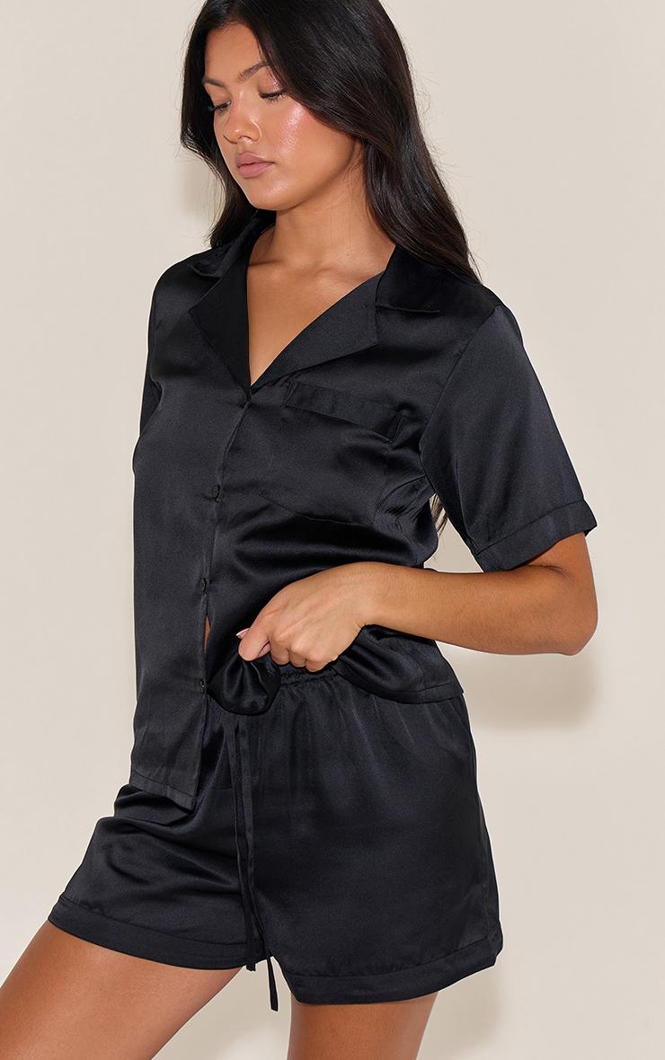 Black Satin Short Sleeve Short Pj Set image 1