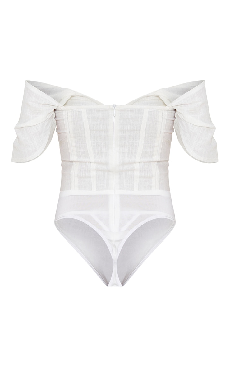 White Linen Look Bardot Draped Bust Corset Bodice Bodysuit image 6