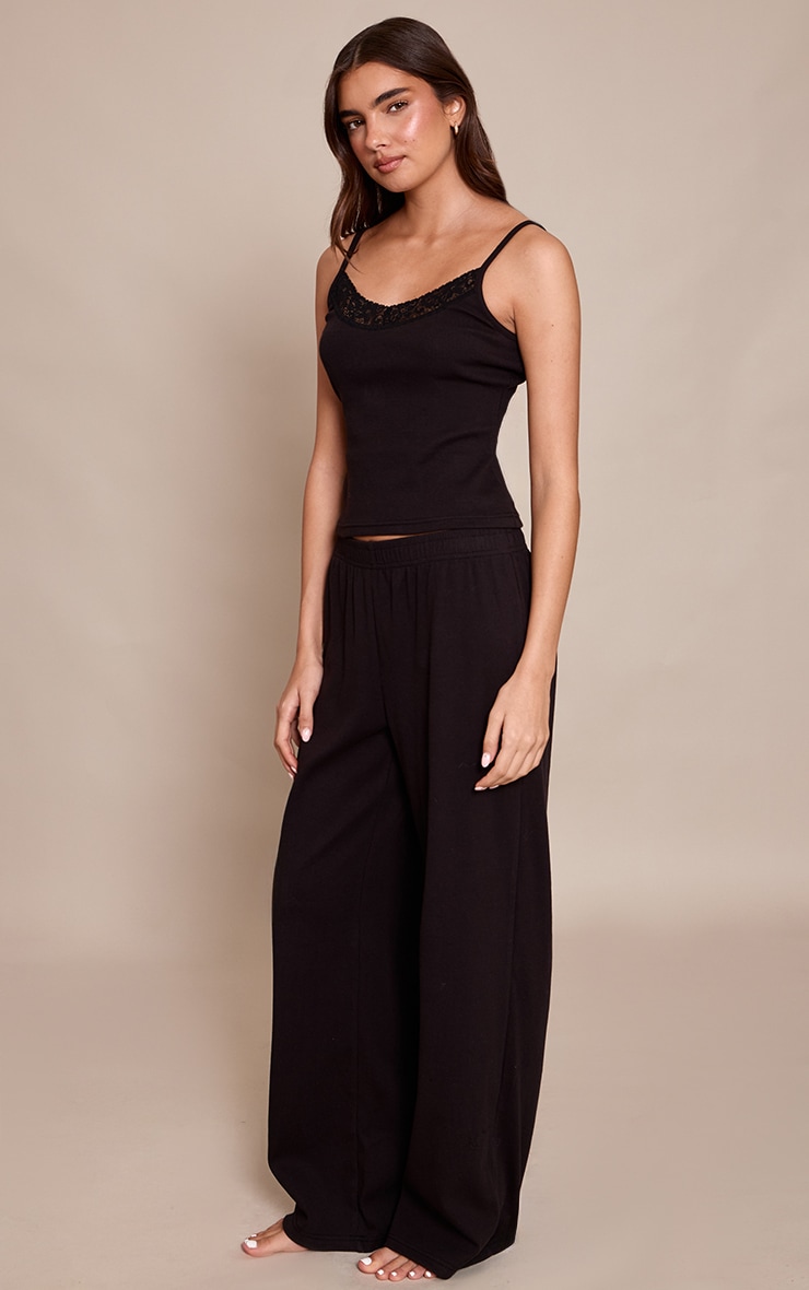 Black Ribbed Elasticated Waist Pajama Pants image 2