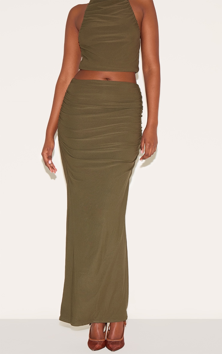 Khaki Soft Touch Ruched Maxi Skirt image 2
