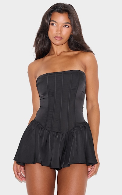 Combishort bustier satiné noir à détail corset
