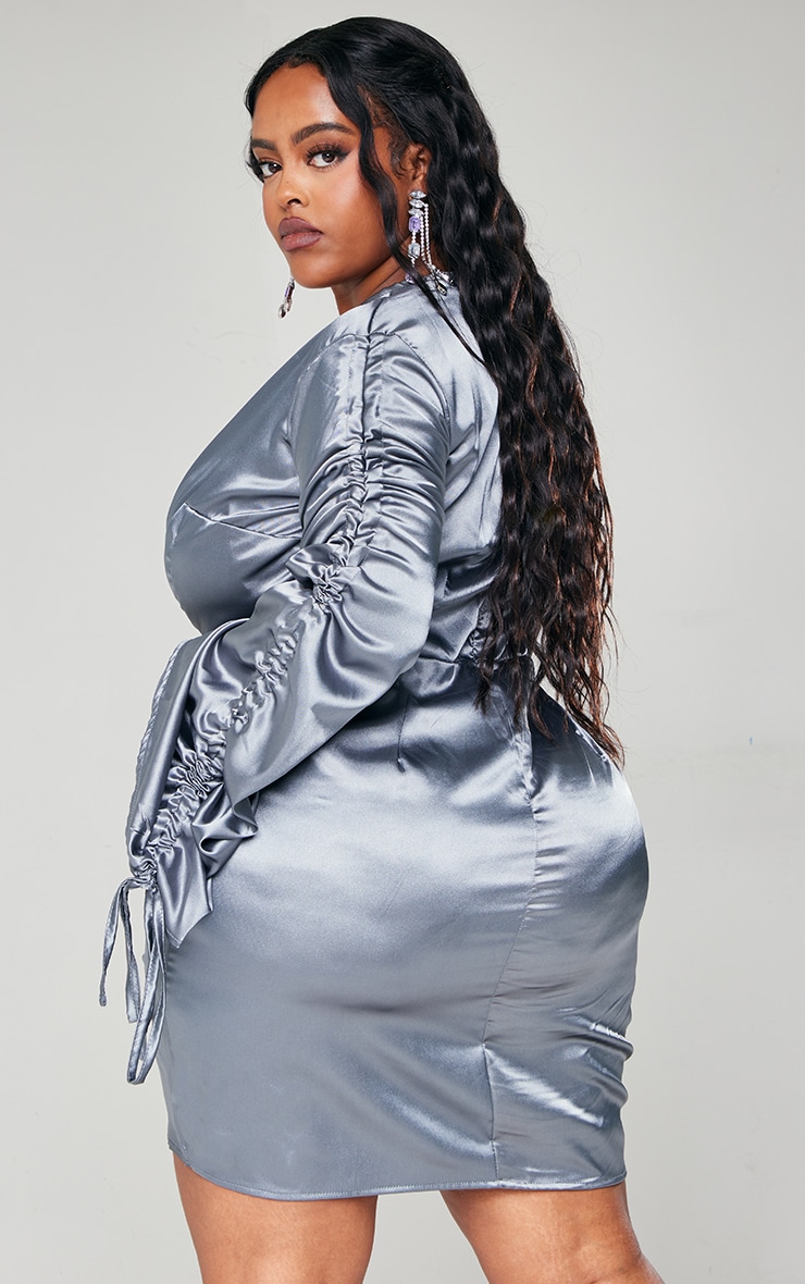 Plus Charcoal Satin Plunge Ruched Front Dress image 2