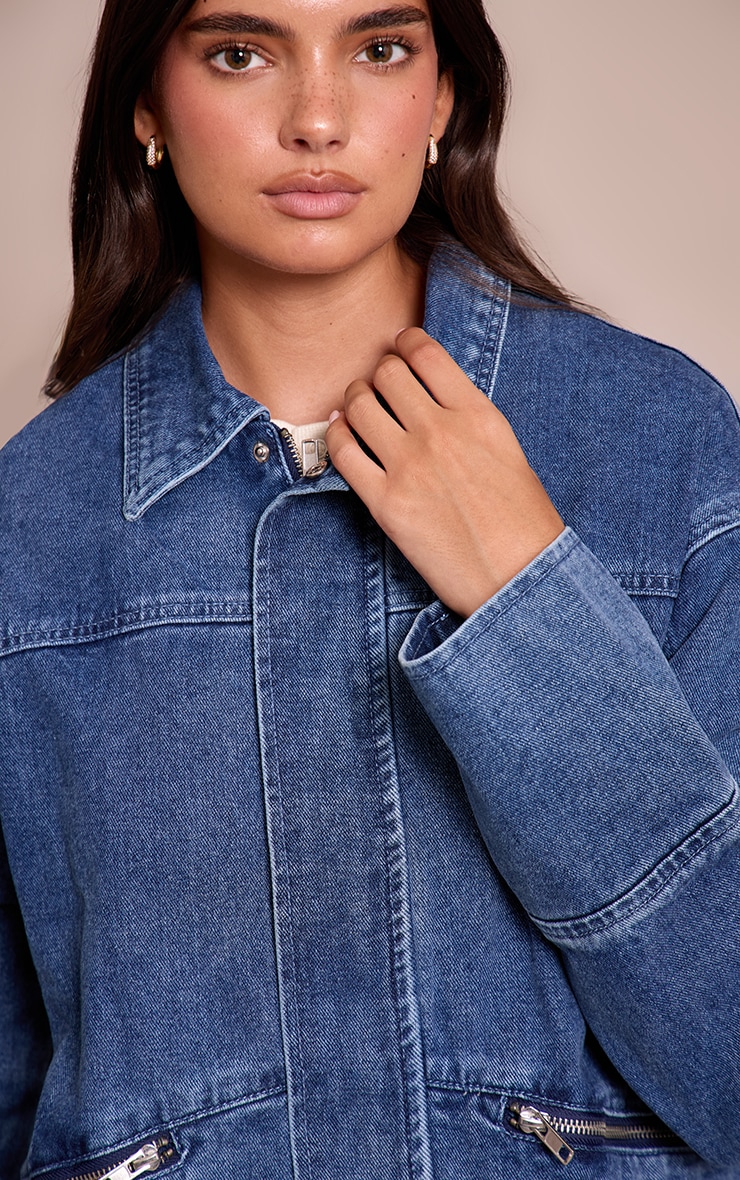 Mid Blue Wash Elasticated Hem Denim Jacket image 4