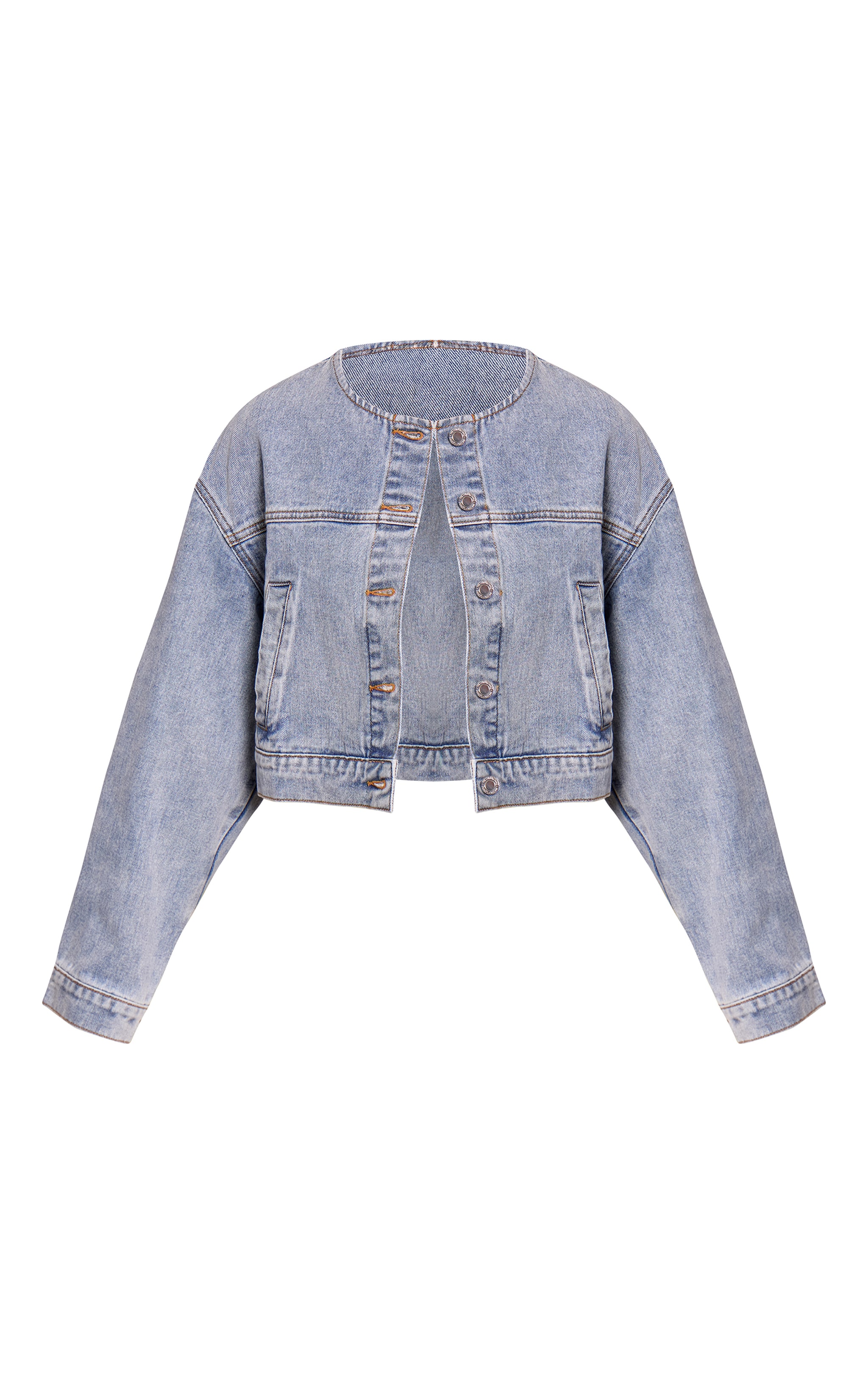 Mid Blue Wash Collarless Cropped Denim Jacket image 5