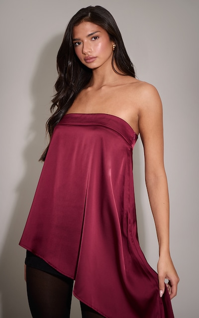 Top bustier long fluide long satiné prune à ourlet asymétrique