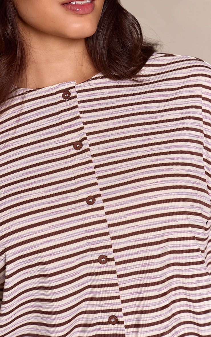 Plus Dark Brown Stripe Soft Rib Relaxed Button Up Top image 4