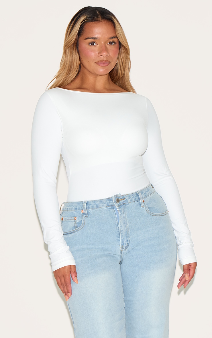 Shape White Built In Bra Sculpt Boat Neck Long Sleeve Bodysuit image 1
