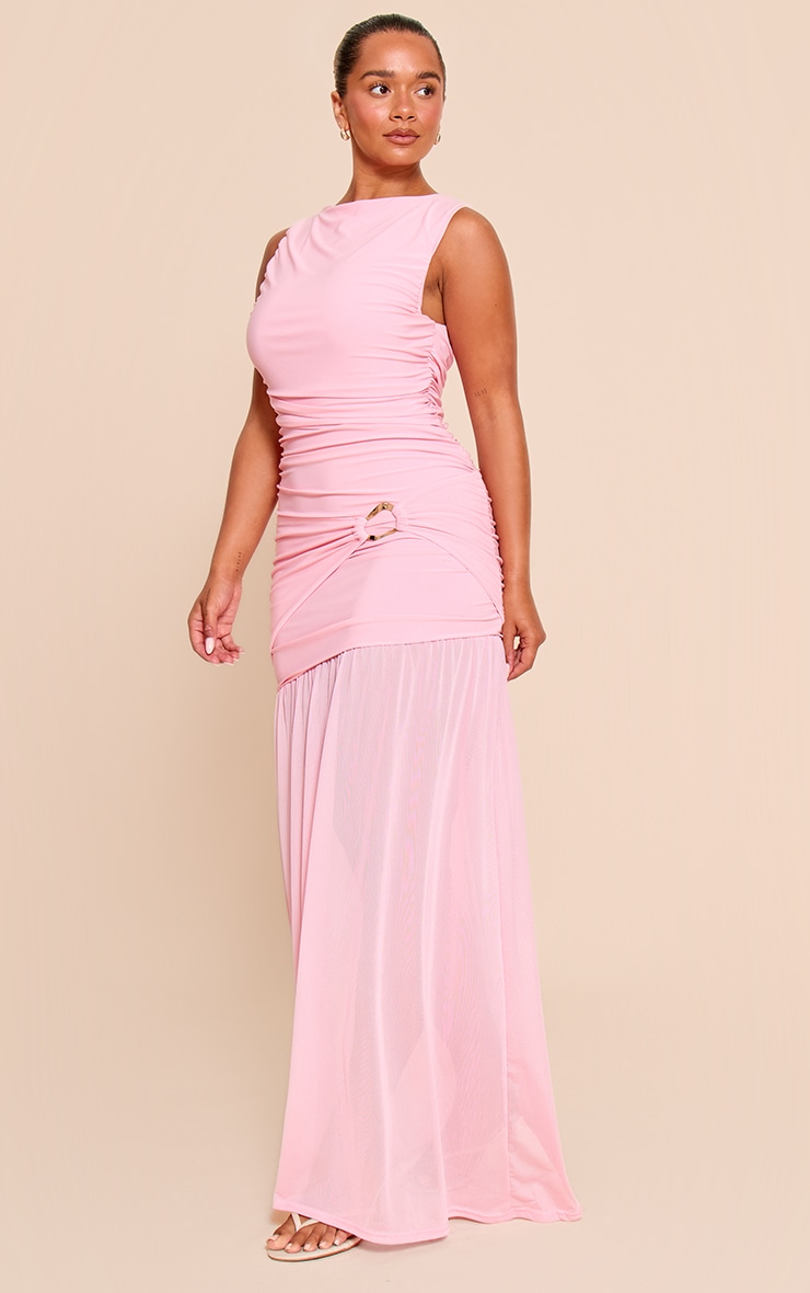 Shape Pink Boat Neck Ruched Gold Trim Dropped Hem Maxi Dress image 3
