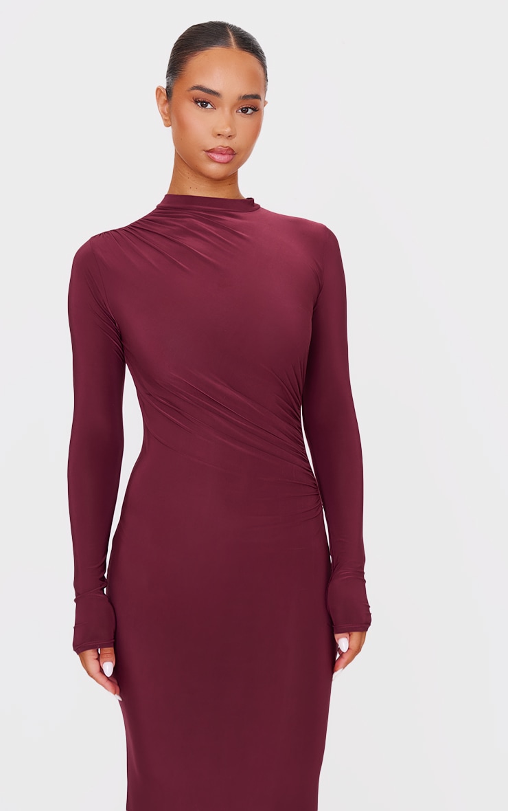  Burgundy Slinky Long Sleeve Maxi Dress image 4