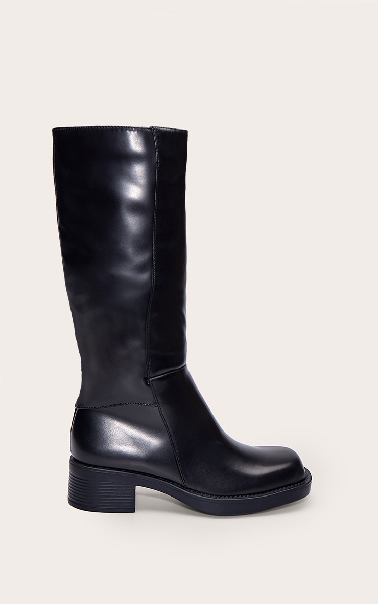 Black Burnish PU Square Toe Knee High Boots image 2