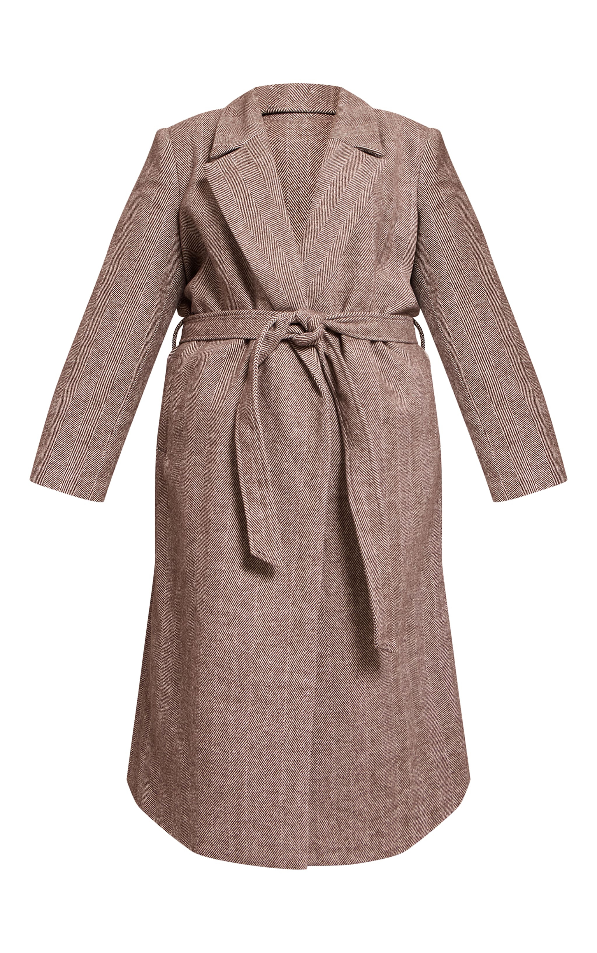 Plus Brown Herringbone Tie Waist Maxi Coat image 5