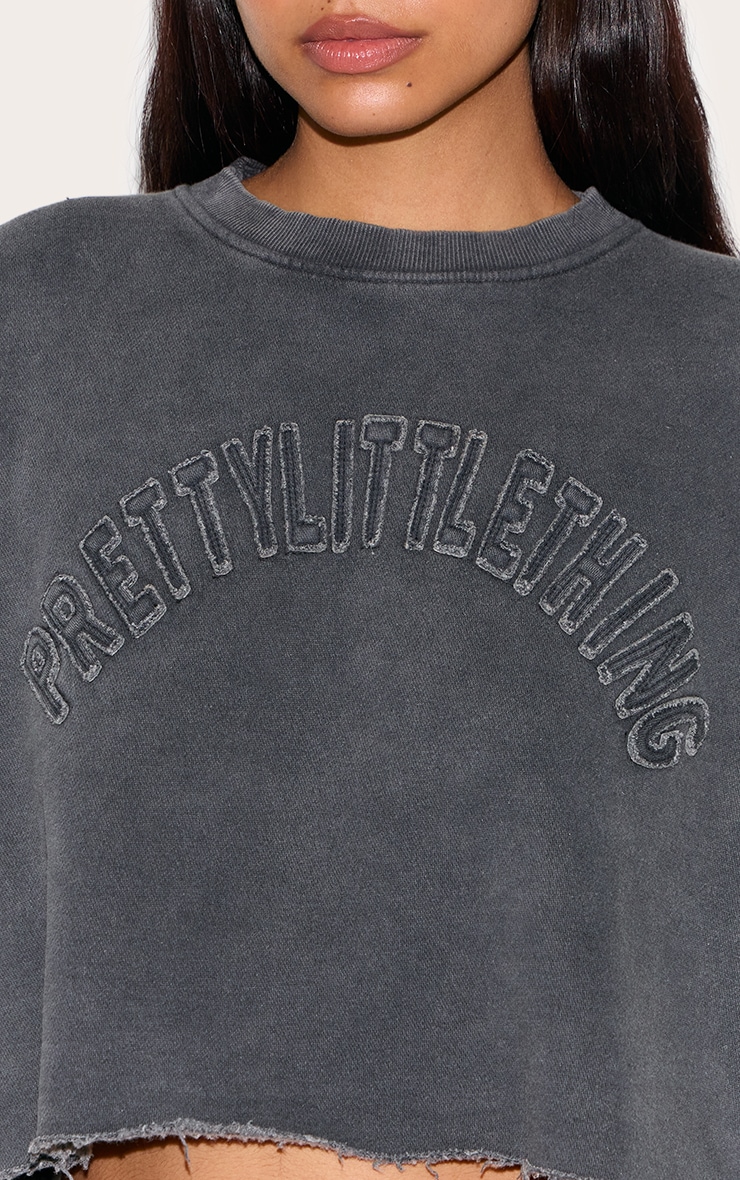 PRETTYLITTLETHING Tall Charcoal Blue Distressed Varsity Cropped Sweatshirt image 4