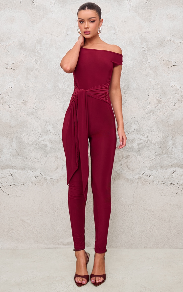 Burgundy Double Layer Slinky Knot Detail Wrap Front Jumpsuit image 3