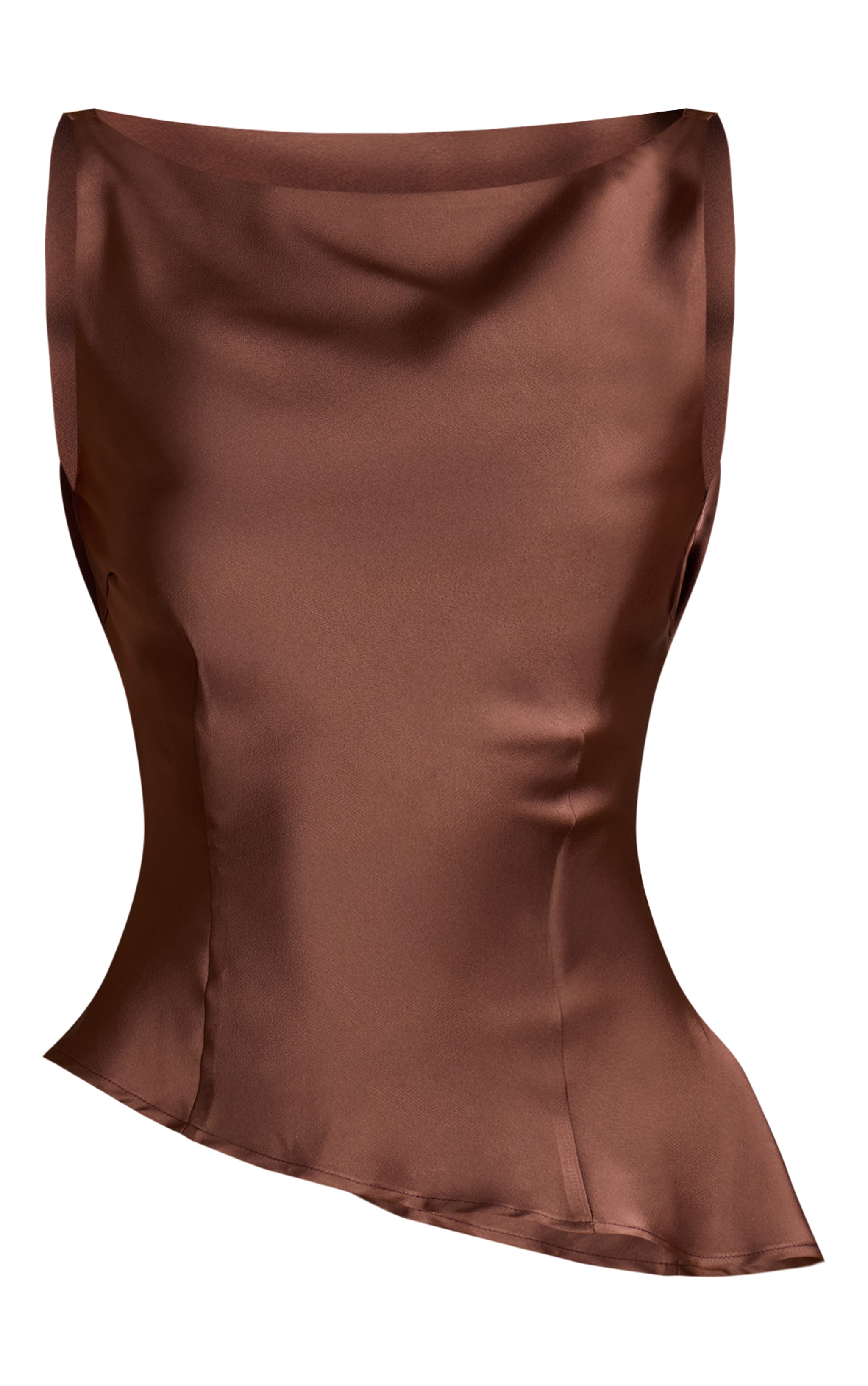 Chocolate Satin Cowl Back Asymmetric Ruffle Top image 5