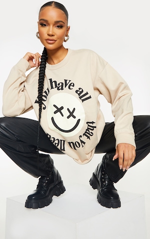Taupe Smiley Face Print Sweatshirt Tops Prettylittlething Ksa