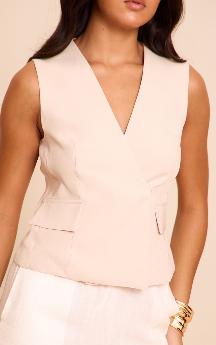 Ecru Woven Pocket Detail Plunge Vest image 4